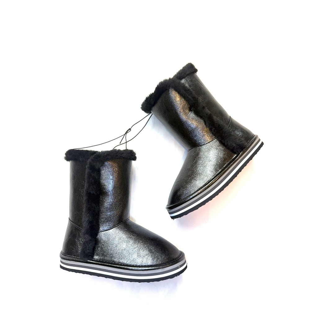 FALLS CREEK New $35 Girls 11 Black Metallic Faux Fur Mid Calf Winter Boots Bin3